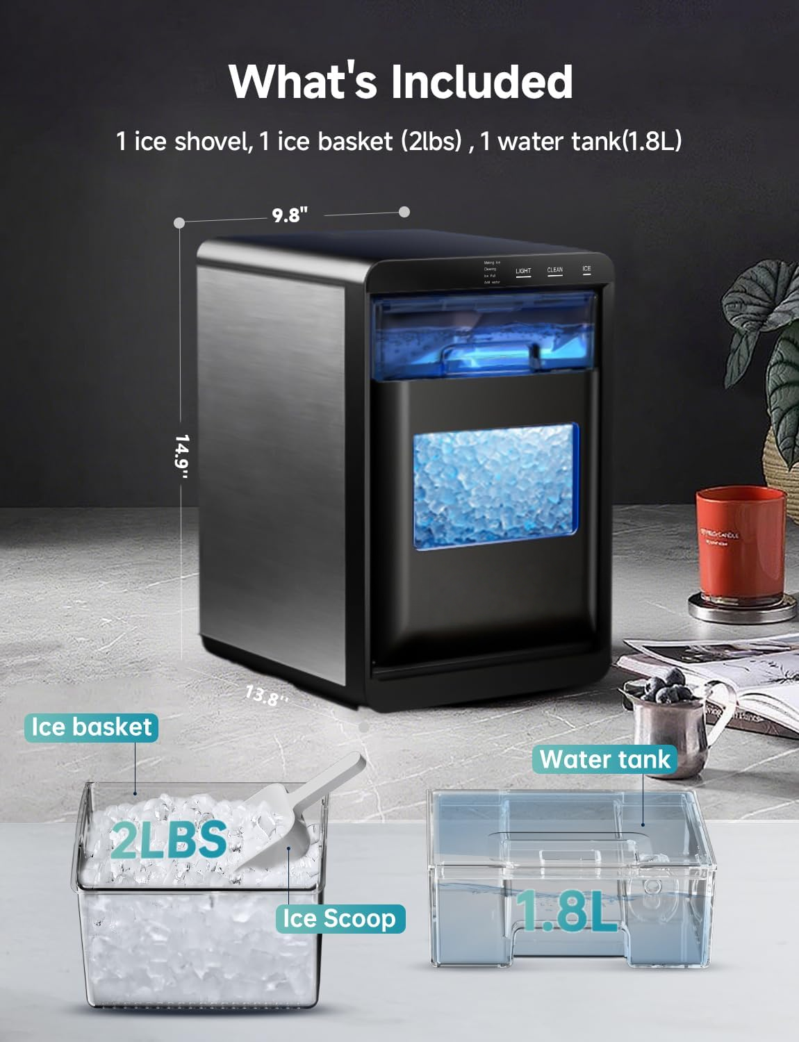 Premium Countertop Nugget Ice Maker, 40Lbs Daily Production, Self-Cleaning Portable Pellet Ice Machine with Ice Scoop & Basket, Compact Pebble Ice Maker for Home Kitchen Office Use