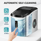 Silver Smart Countertop Ice Maker, 26Lbs Daily Ice Output, 9 Ice Cubes Ready in 8 Minutes, Self-Cleaning Portable Ice Machine with Scoop & Basket, Ideal for Home Kitchen Office