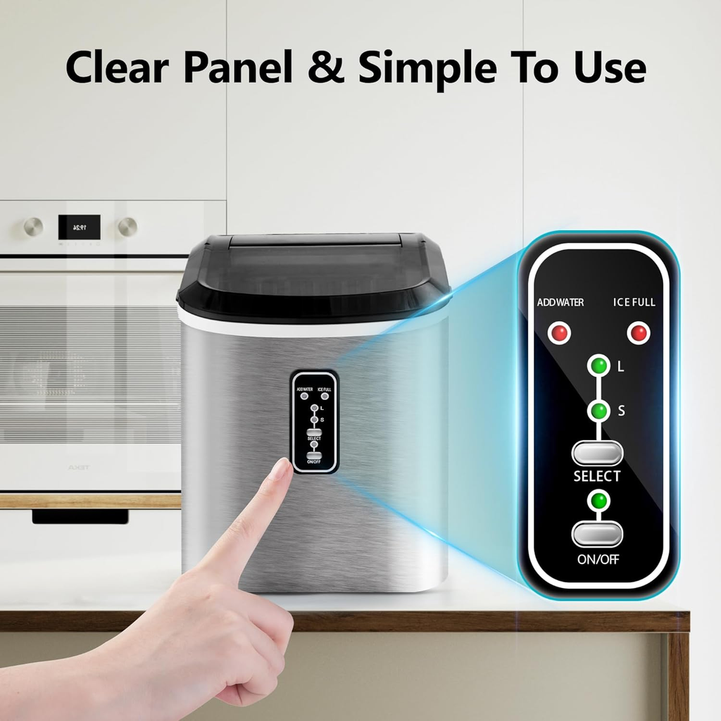 Silver Smart Countertop Ice Maker, 26Lbs Daily Ice Output, 9 Ice Cubes Ready in 8 Minutes, Self-Cleaning Portable Ice Machine with Scoop & Basket, Ideal for Home Kitchen Office