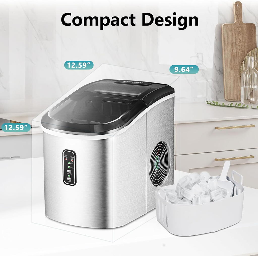 Silver Smart Countertop Ice Maker, 26Lbs Daily Ice Output, 9 Ice Cubes Ready in 8 Minutes, Self-Cleaning Portable Ice Machine with Scoop & Basket, Ideal for Home Kitchen Office