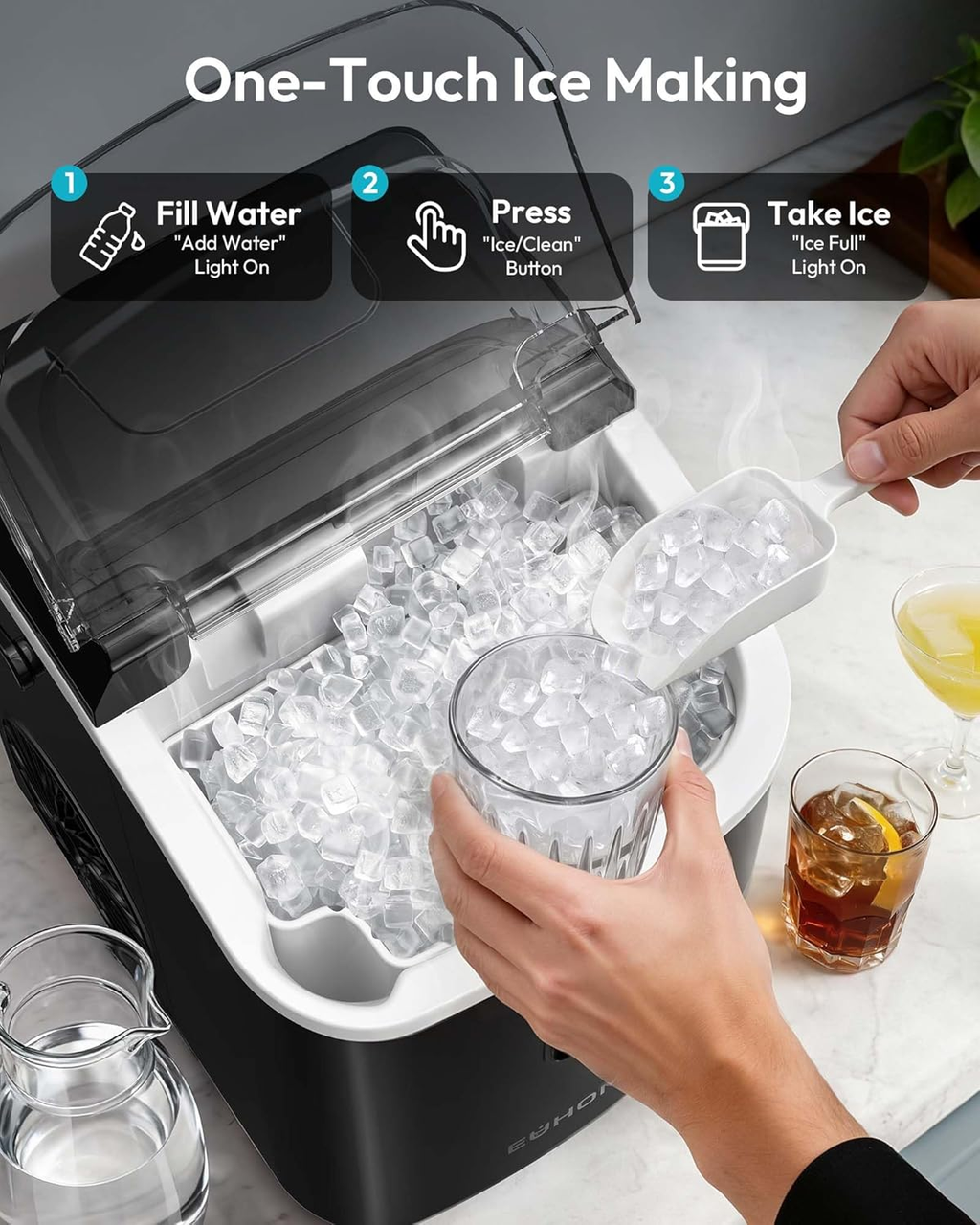 Black Portable Countertop Nugget Ice Maker with Handle, Ice Ready in 6 Minutes, 33Lbs Daily Ice Output, Removable Top Cover, Self-Cleaning Pellet Ice Machine with Basket & Scoop, Ideal for Home Party RV Camping