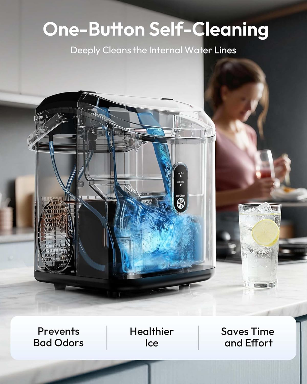 Black Portable Countertop Nugget Ice Maker with Handle, Ice Ready in 6 Minutes, 33Lbs Daily Ice Output, Removable Top Cover, Self-Cleaning Pellet Ice Machine with Basket & Scoop, Ideal for Home Party RV Camping