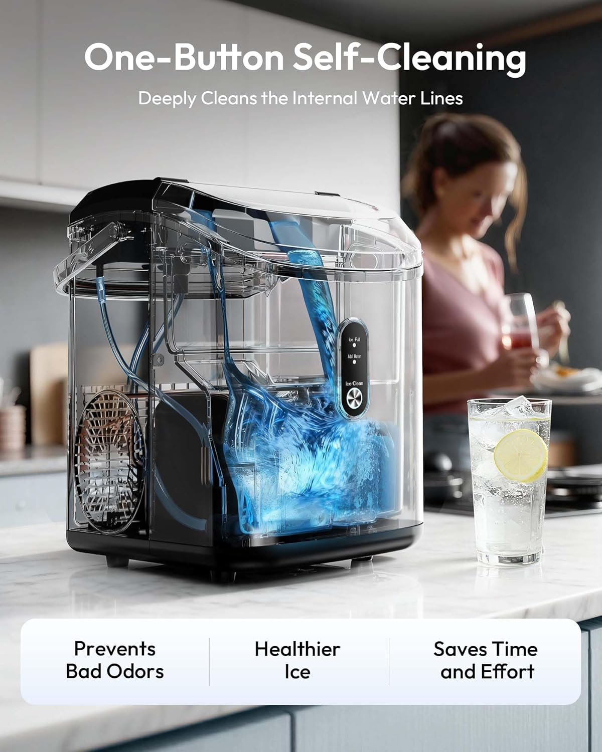 Black Portable Countertop Nugget Ice Maker with Handle, Ice Ready in 6 Minutes, 33Lbs Daily Ice Output, Removable Top Cover, Self-Cleaning Pellet Ice Machine with Basket & Scoop, Ideal for Home Party RV Camping