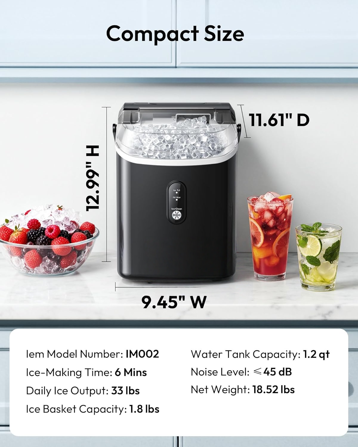 Black Portable Countertop Nugget Ice Maker with Handle, Ice Ready in 6 Minutes, 33Lbs Daily Ice Output, Removable Top Cover, Self-Cleaning Pellet Ice Machine with Basket & Scoop, Ideal for Home Party RV Camping