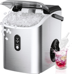 Silver Portable Countertop Nugget Ice Maker with Handle, Ice Ready in 6 Minutes, 34Lbs Daily Production, Removable Top Cover, Auto-Cleaning Pellet Ice Machine with Basket & Scoop, Suitable for Home Party RV Camping