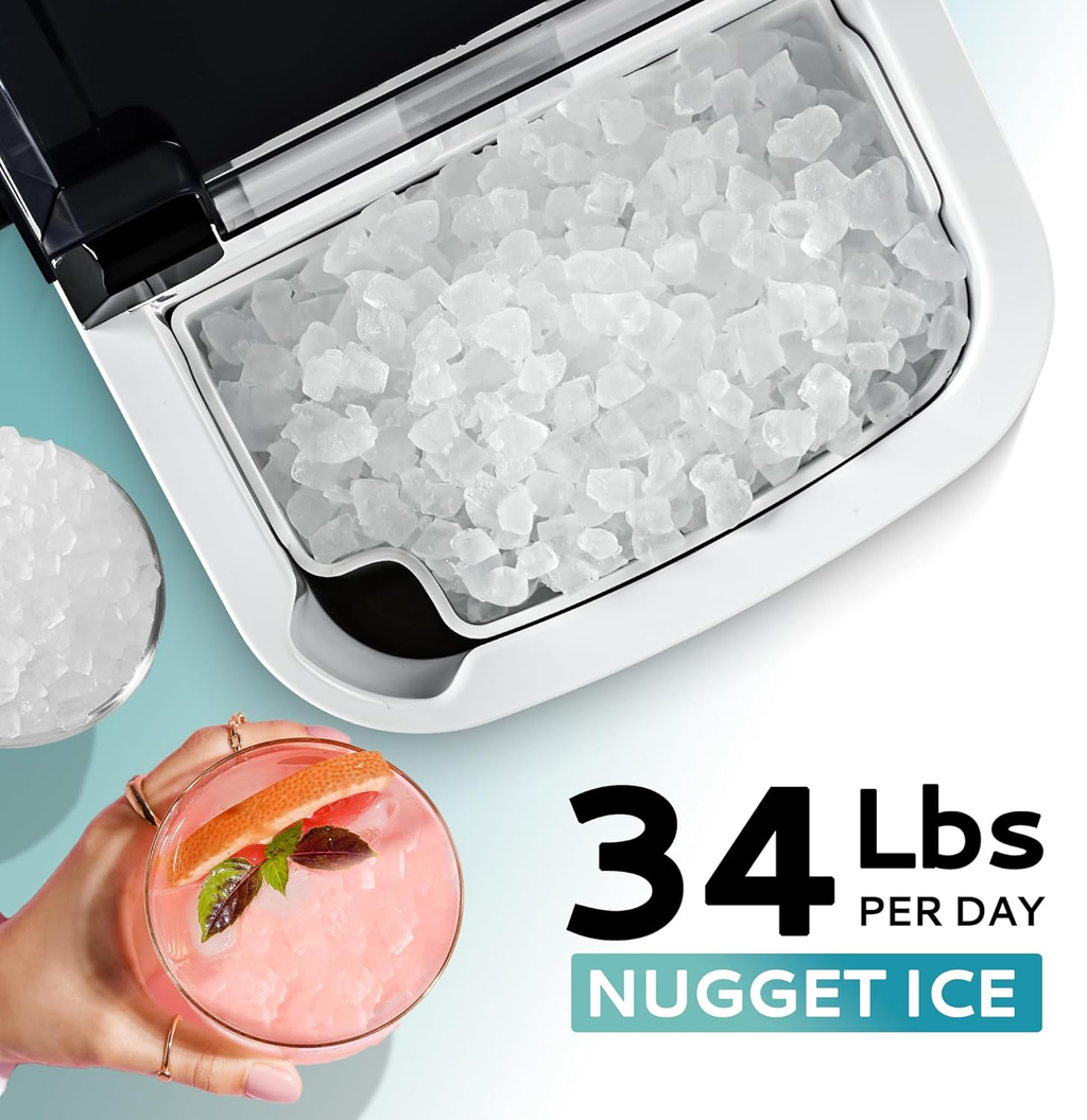 Silver Portable Countertop Nugget Ice Maker with Handle, Ice Ready in 6 Minutes, 34Lbs Daily Production, Removable Top Cover, Auto-Cleaning Pellet Ice Machine with Basket & Scoop, Suitable for Home Party RV Camping