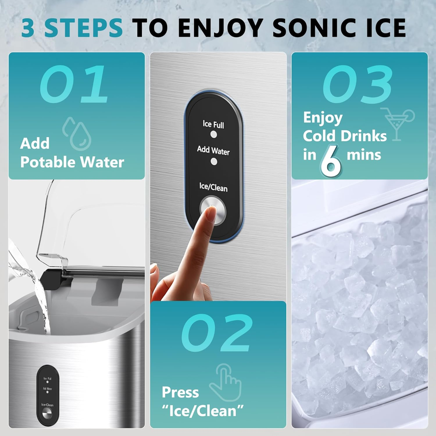 Silver Portable Countertop Nugget Ice Maker with Handle, Ice Ready in 6 Minutes, 34Lbs Daily Production, Removable Top Cover, Auto-Cleaning Pellet Ice Machine with Basket & Scoop, Suitable for Home Party RV Camping