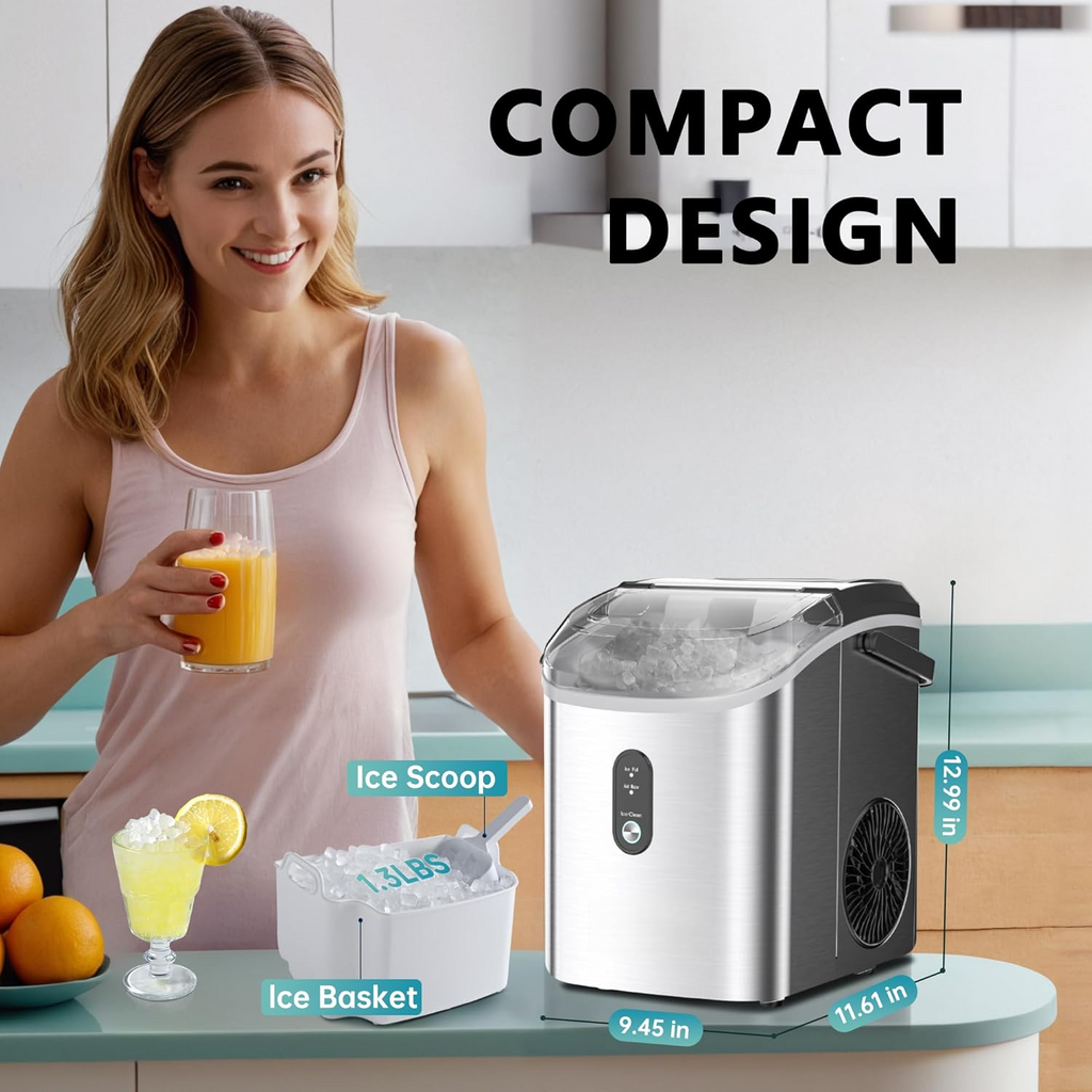 Silver Portable Countertop Nugget Ice Maker with Handle, Ice Ready in 6 Minutes, 34Lbs Daily Production, Removable Top Cover, Auto-Cleaning Pellet Ice Machine with Basket & Scoop, Suitable for Home Party RV Camping