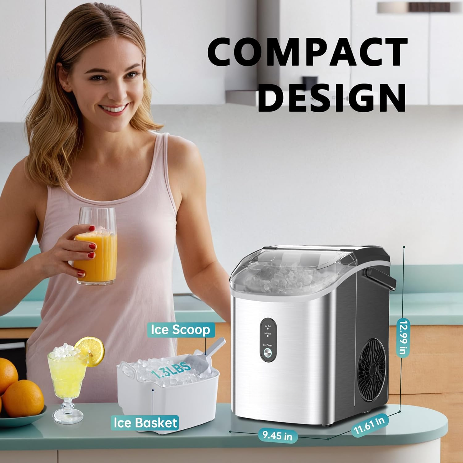 Silver Portable Countertop Nugget Ice Maker with Handle, Ice Ready in 6 Minutes, 34Lbs Daily Production, Removable Top Cover, Auto-Cleaning Pellet Ice Machine with Basket & Scoop, Suitable for Home Party RV Camping
