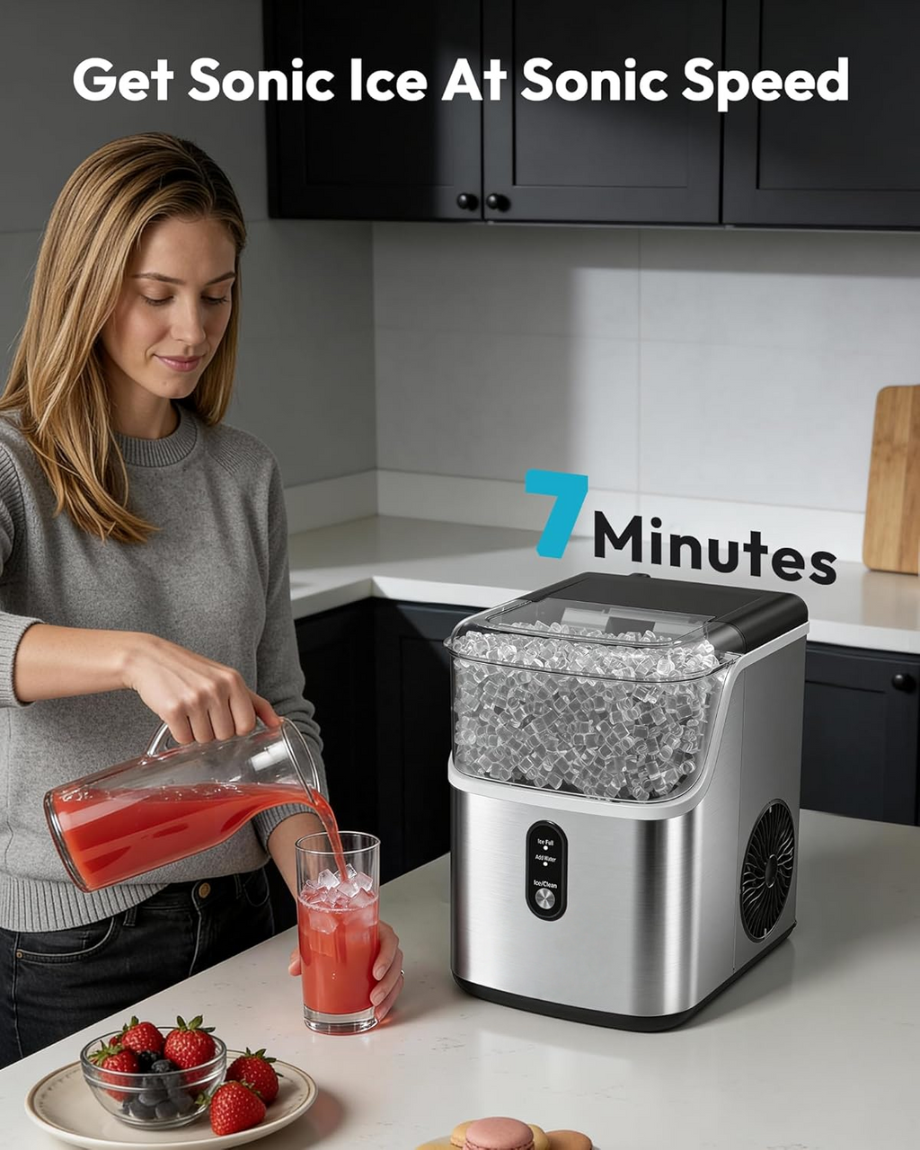 Stainless Steel Countertop Nugget Ice Maker, Ready in 7 Minutes, 35Lbs Daily Output, Self-Cleaning Pellet Ice Machine with Ice Scoop and Basket, Portable Pebble Ice Maker for Household Use