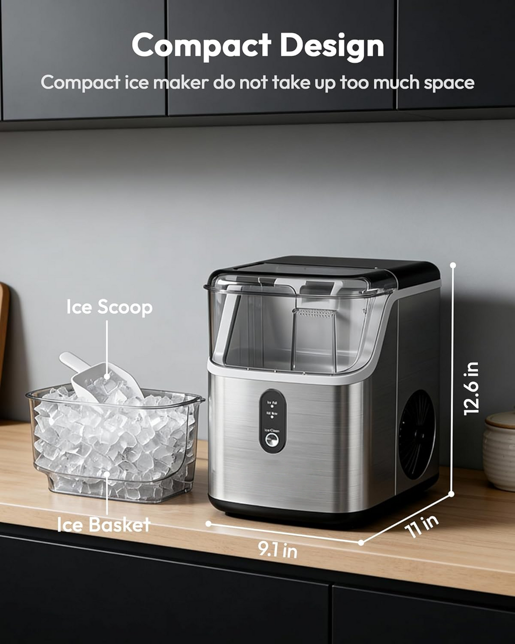 Stainless Steel Countertop Nugget Ice Maker, Ready in 7 Minutes, 35Lbs Daily Output, Self-Cleaning Pellet Ice Machine with Ice Scoop and Basket, Portable Pebble Ice Maker for Household Use