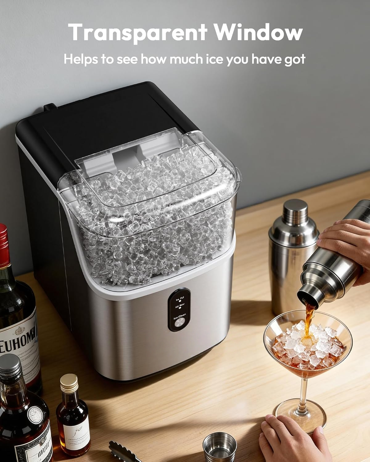 Stainless Steel Countertop Nugget Ice Maker, Ready in 7 Minutes, 35Lbs Daily Output, Self-Cleaning Pellet Ice Machine with Ice Scoop and Basket, Portable Pebble Ice Maker for Household Use