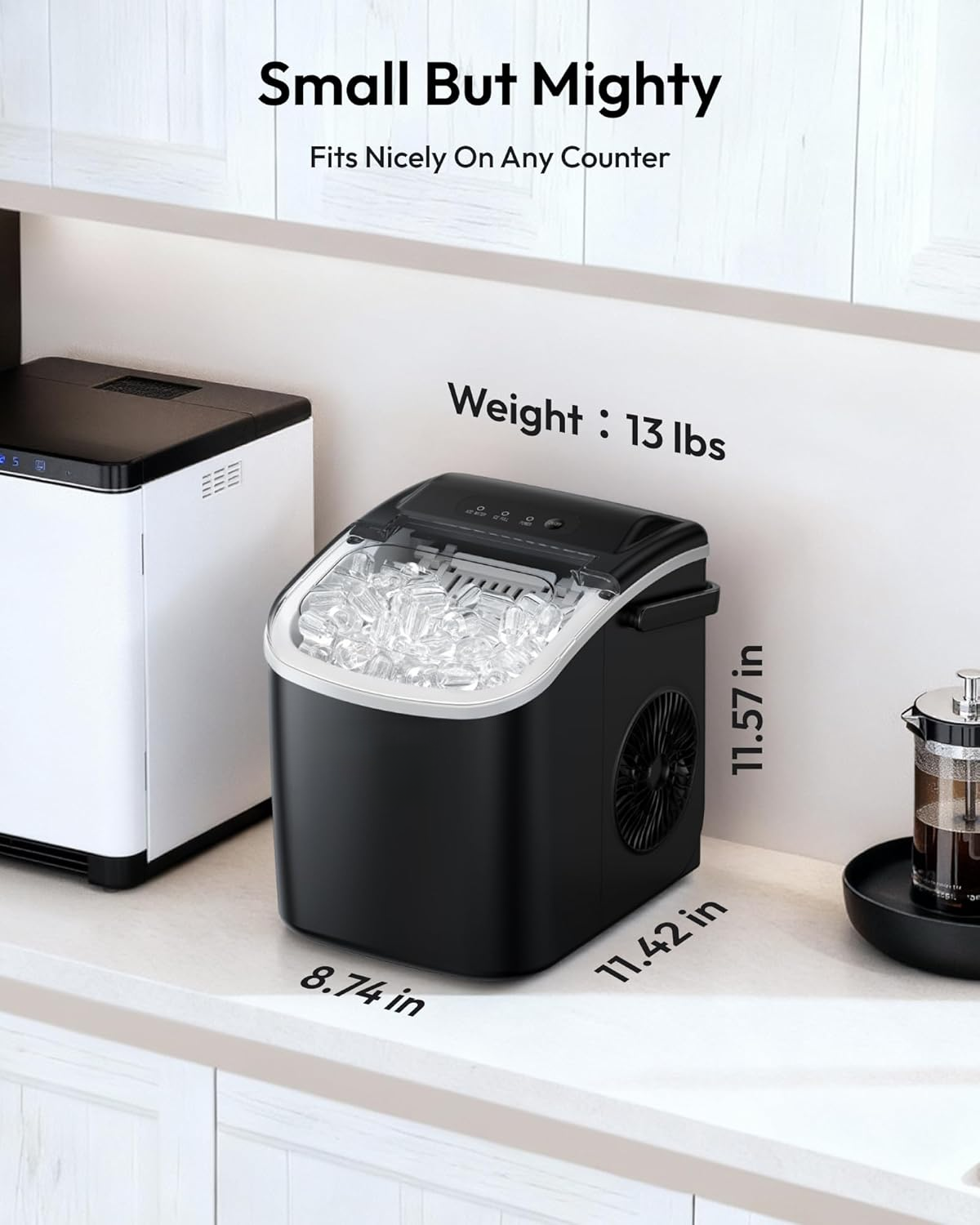 Black Portable Countertop Ice Maker with Handle, 26Lbs Daily Ice Yield, 9 Cubes Ready in 6 Minutes, Auto-Cleaning Ice Machine with Basket & Scoop, Great for Home Kitchen Camping RV