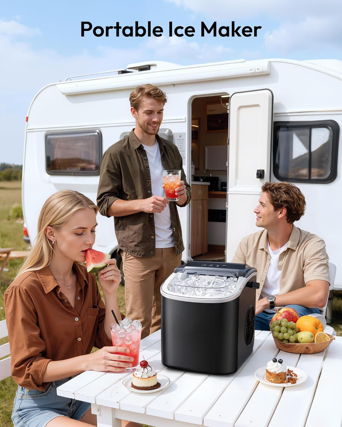 Black Portable Countertop Ice Maker with Handle, 26Lbs Daily Ice Yield, 9 Cubes Ready in 6 Minutes, Auto-Cleaning Ice Machine with Basket & Scoop, Great for Home Kitchen Camping RV